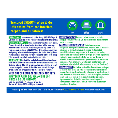 Shout Wipe & Go Instant Stain Remover Wipes 12 Pieces - 3 Pack